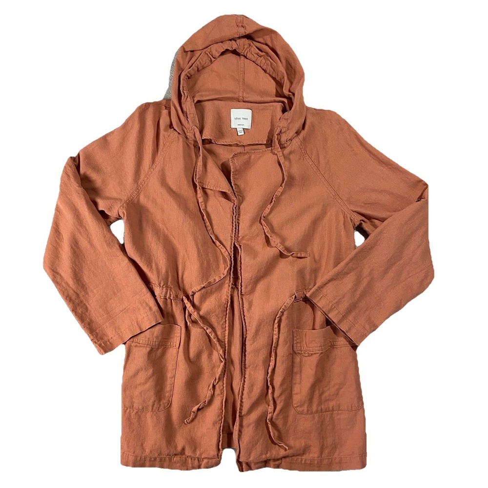 Love Tree Linen Blend Long Sleeve Hooded Open Jacket Topper Terracotta Women's M